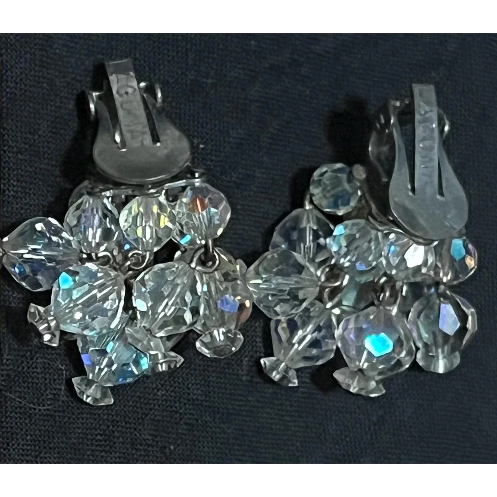 Vintage Laguna Clear AB Crystal Bead Glam Statement Climber Clip On Earrings
